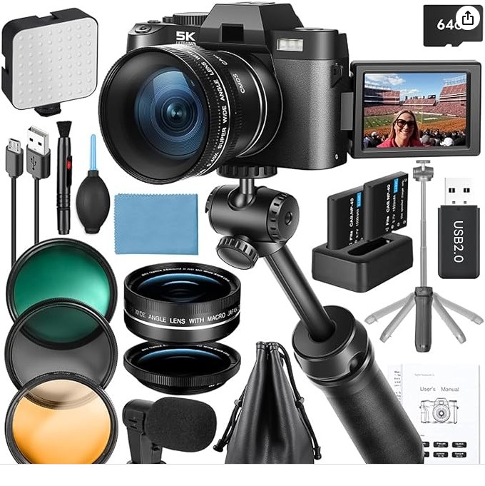 G-Anica 5K 64MP Digital Cameras for Photography with Dual-Lens WiFi | All-in-One Camera Kit for Beginners & Teens, Vlogging Camera with 180° Flip Screen, With 32GB Card, Microphone, Filter Trio