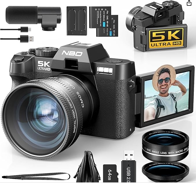 NBD 5K Digital Camera 64MP, Autofocus, 16X Digital Zoom, Black | 3" 180° Flip Screen, WiFi, External Mic, Wide-Angle/Macro Lenses, 2 Batteries, 64GB Card, Vlogging, Travel